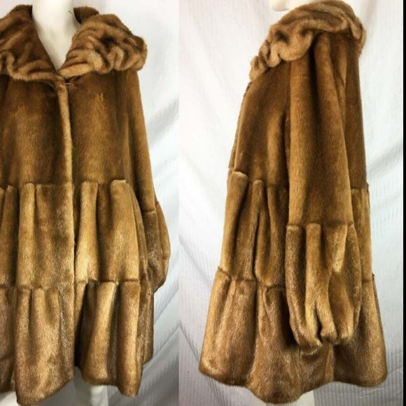 💥SHOWSTOPPER💥VINTAGE 1940s STYLE FAUX MINK FUR COAT in WHISKEY - Picture 6 of 10